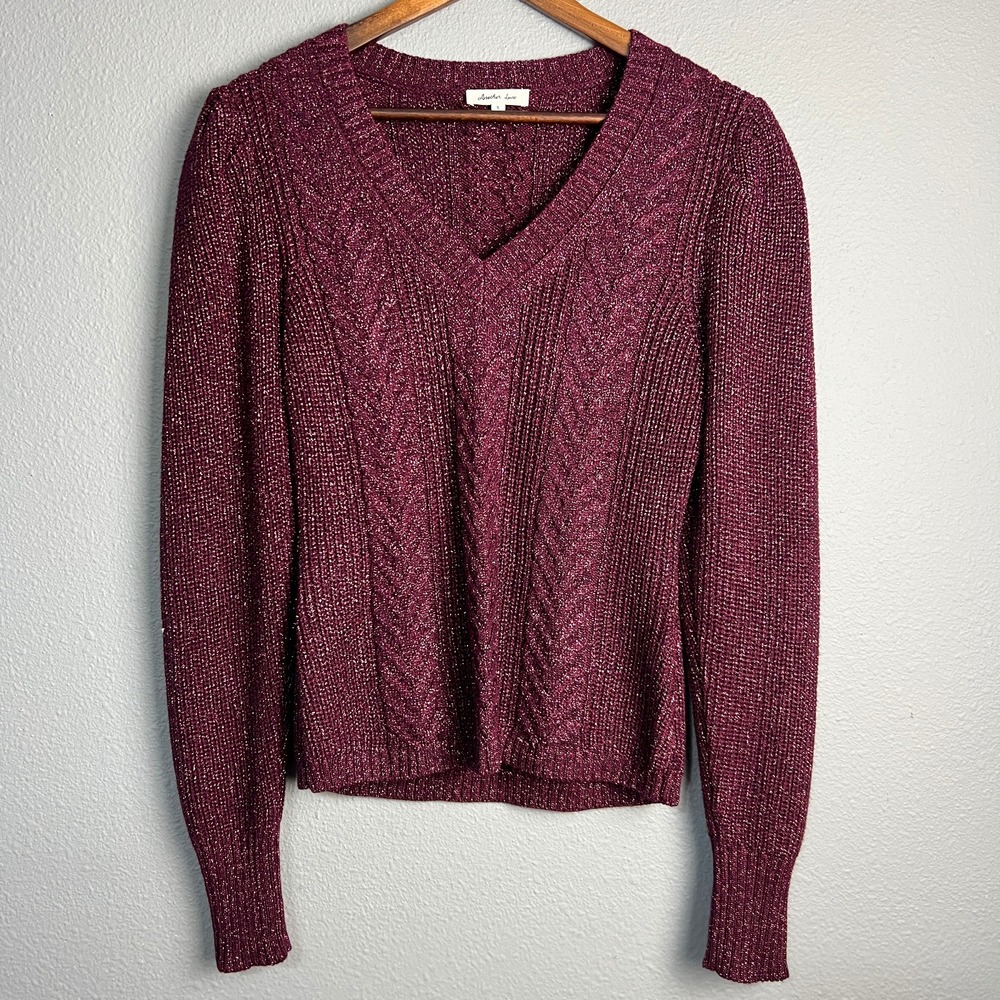 Another Love Thalia V-Neck Sweater Sparkle Blackberry Knit Pullover Long SL Sz S